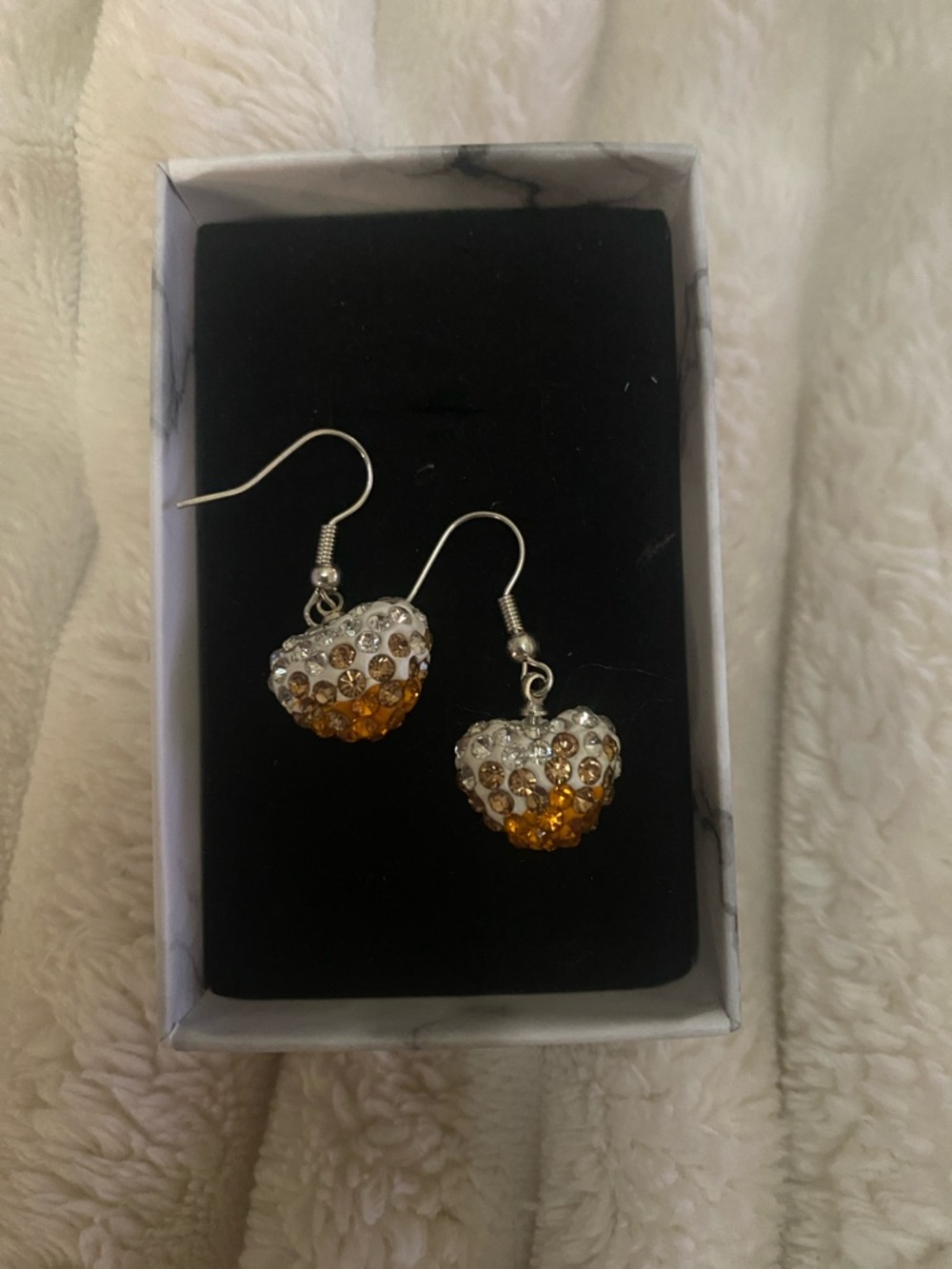 Crystal Heart Drop Earrings Swarovski crystals in Amber and Clear